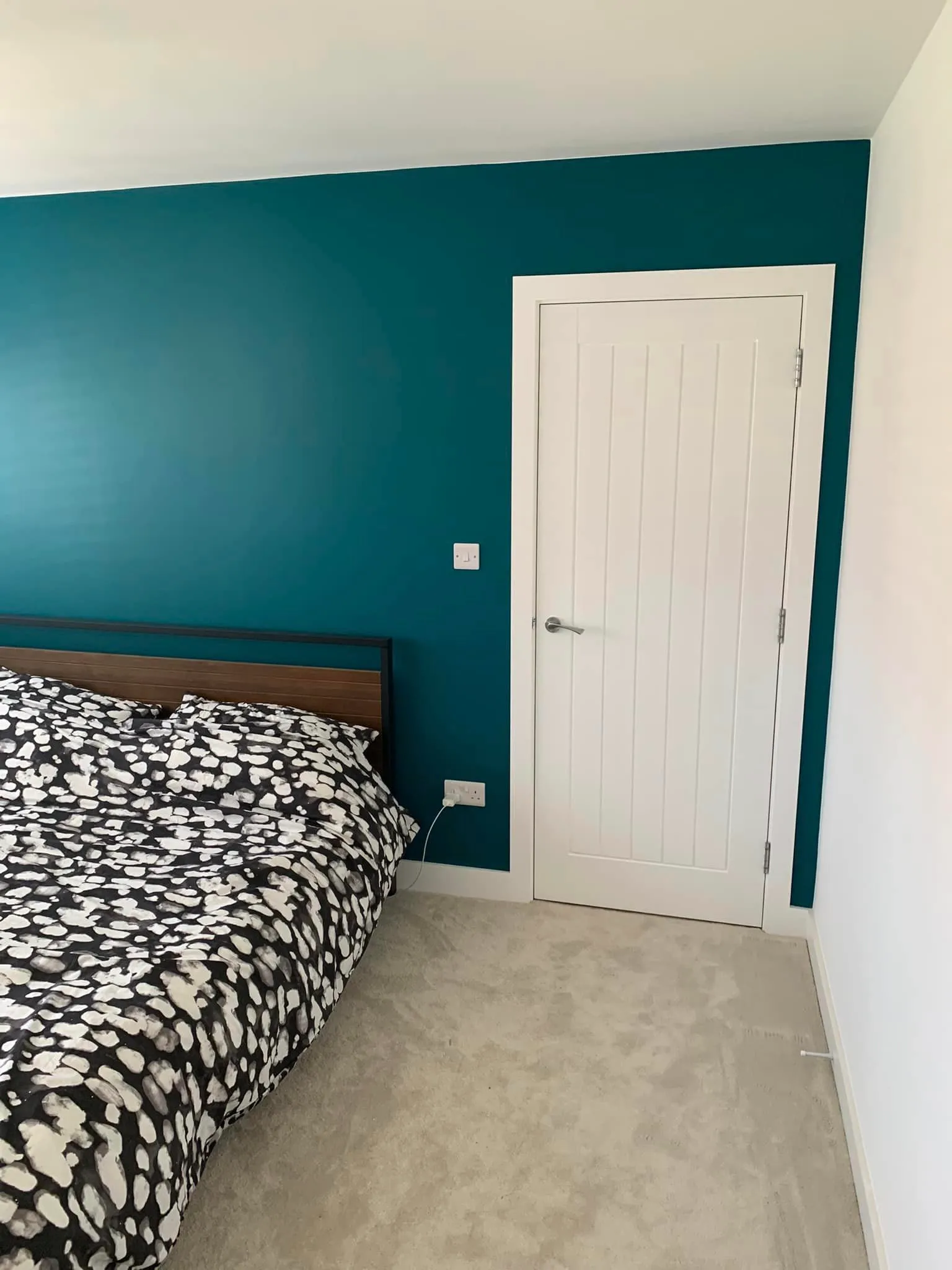 bedroom with blue walls and white door